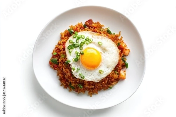 Fototapeta Savory fried rice, richly colored, topped with a sunny-side-up egg and sliced green onions, served on a simple white plate