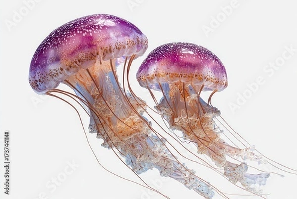 Fototapeta Two purple-pink jellyfish with orange-red tentacles drift against a stark white background.  Their translucent bells are speckled with lighter spots