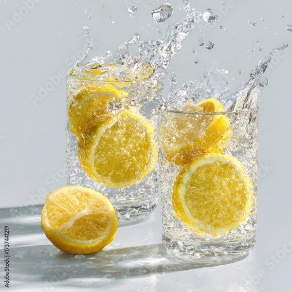 Fototapeta Two glasses of sparkling water with lemon slices, one splashing, and a whole lemon in front
