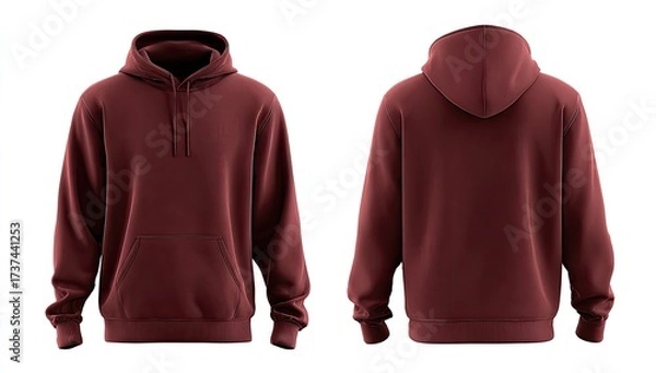 Fototapeta Maroon pullover hoodie, front and back views, on white background; plain, long sleeves, kangaroo pocket
