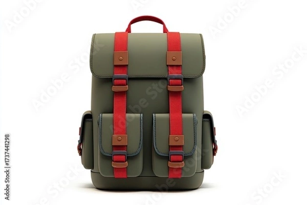Fototapeta Olive green backpack with red accents, two front pockets, and brown leatherette detailing;  square shape, buckled straps