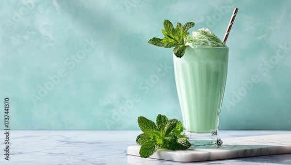 Fototapeta Refreshing mint milkshake in tall glass with whipped cream and mint garnish, on marble surface against a teal backdrop