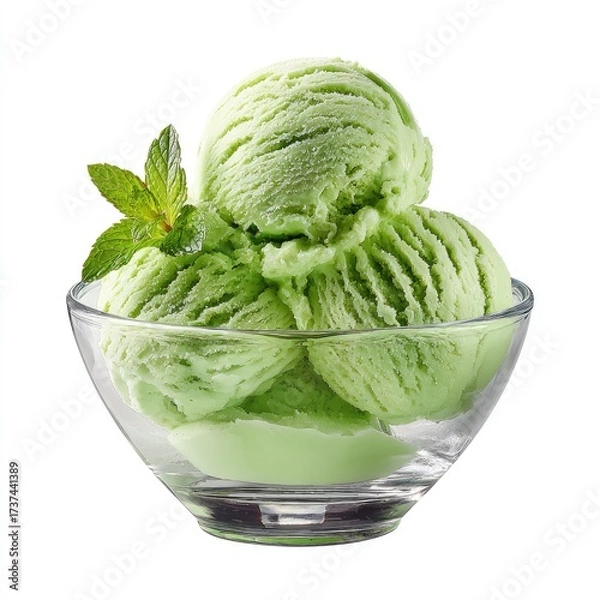 Fototapeta Three scoops of pale green ice cream, nestled in a clear glass bowl, garnished with a sprig of fresh mint, on a white background