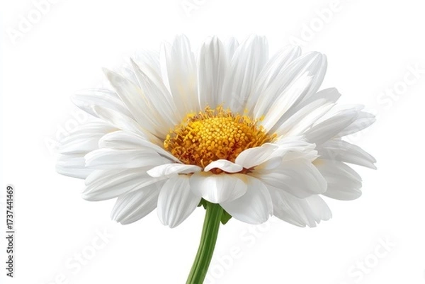 Fototapeta A single, pristine white daisy with a vibrant yellow center, isolated on a stark white background, displays delicate petals and a slender green stem