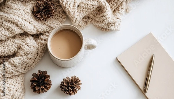 Fototapeta Cozy autumn scene a warm beverage in a mug, nestled amongst a knitted throw, pine cones, and a notepad with pen, on a white background