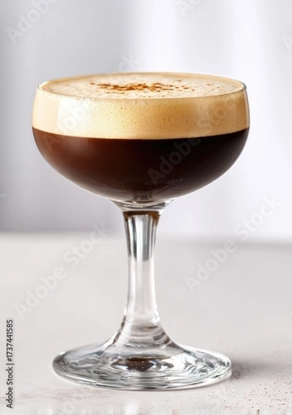 Fototapeta Espresso martini in a coupe glass, topped with a layer of frothed milk and a dusting of cocoa powder