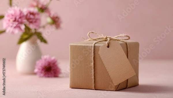 Fototapeta A small, kraft paper-wrapped gift box with twine and a blank tag sits on a pink surface, next to a vase of pink flowers
