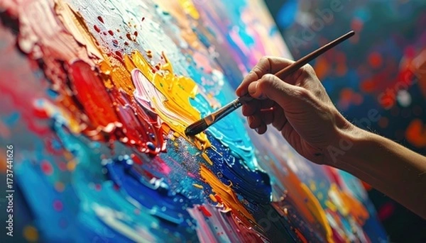 Fototapeta Hands painting abstract art on canvas, colorful splashes, studio background, motion blur, creative process
