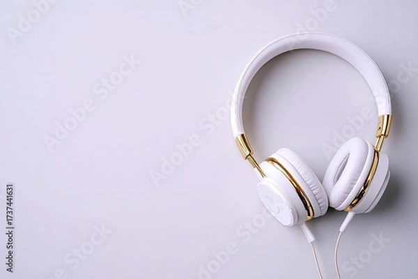 Fototapeta White over-ear headphones with gold accents rest on a light grey surface, angled slightly right.  A small portion of the cord is visible