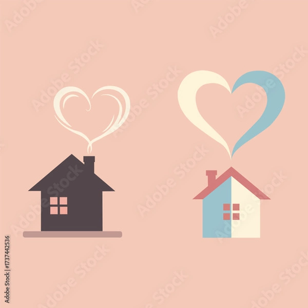 Fototapeta Vector art of two houses with heart shaped smoke coming from the chimney, symbol of love and home