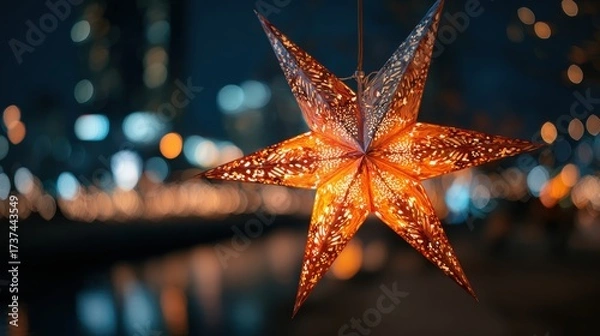 Fototapeta Glowing Star Lantern with Festive City Night Bokeh