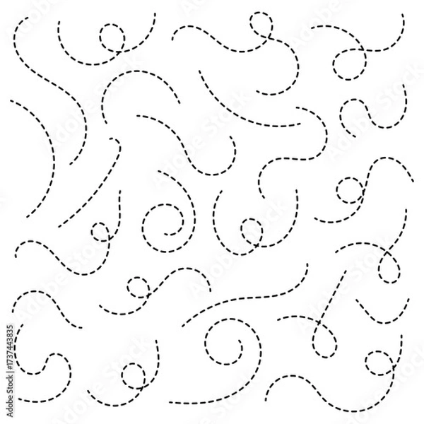 Fototapeta Hand drawn squiggly dashed, dotted lines, curved lines. Hand drawn dotted line vector set. Path travel dotted line trip dashed trace destination track plan and silhouette, travelling symbol. eps 10