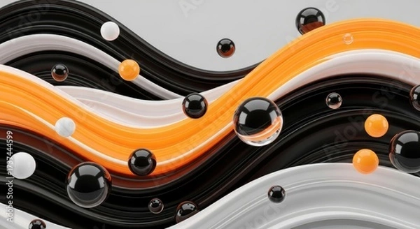 Fototapeta Dynamic abstract background with flowing black, white, orange waves and floating spheres.
