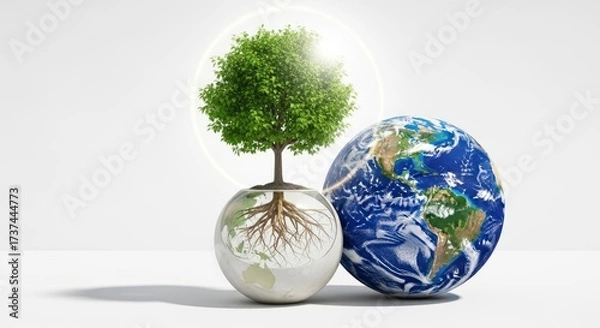 Fototapeta Green tree with roots in a glass orb next to planet Earth, symbolizing environmental protection.