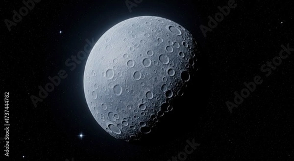 Fototapeta Detailed view of a heavily cratered moon in deep space, illuminated against a starry background.