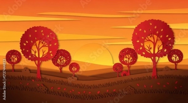 Fototapeta Vibrant paper cut autumn landscape with red trees, rolling hills, and a warm sunset sky.