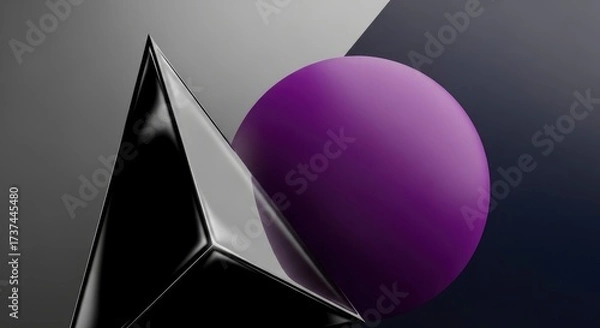 Fototapeta Abstract composition of glossy black pyramid and purple sphere on a gradient background.
