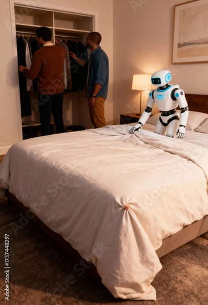 Fototapeta Bedroom with neatly made bed, wardrobe closet, and soft lamp light. Humanoid robot assisting two people with daily tasks. 
