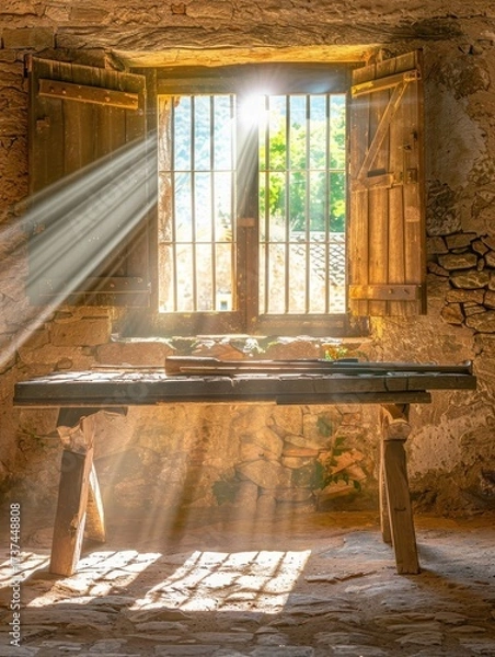 Fototapeta Old wooden workbench in rustic workshop. AI-generated.