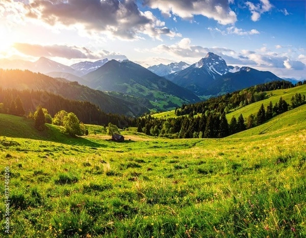 Obraz Idyllic Mountain Landscape with Green Meadow and Forest Under Cloudy Sky with Sun Rays