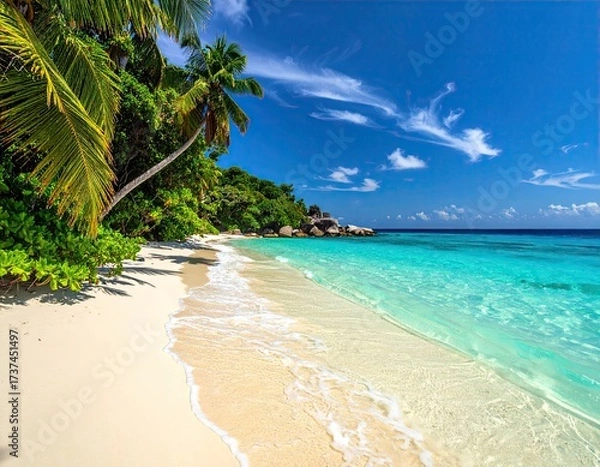 Obraz Idyllic Tropical Beach Scene with Turquoise Water White Sand and Lush Green Vegetation Under a Bright Blue Sky with Scattered Clouds Creating a Serene Paradise