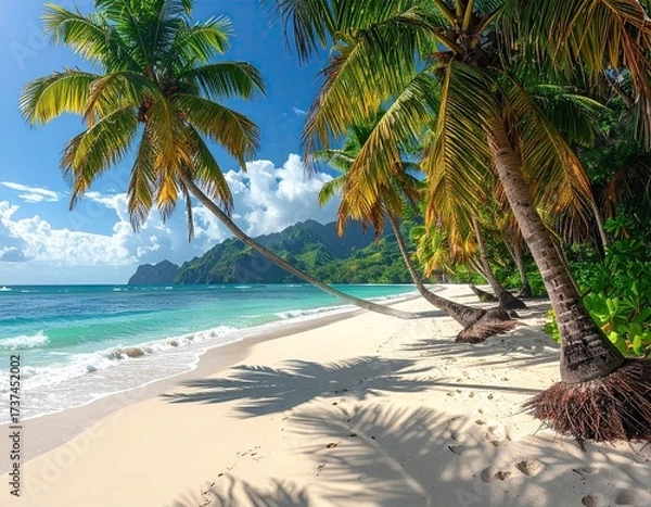Obraz Idyllic Tropical Beach with White Sand Turquoise Water Palm Trees and Distant Mountain Under a Clear Blue Sky Tranquil Paradise Landscape