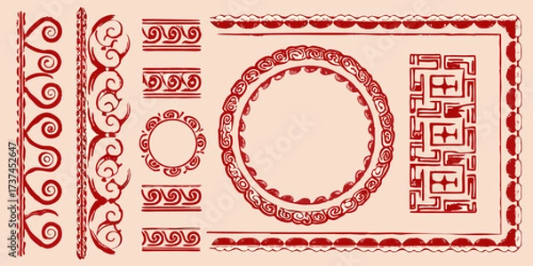 Fototapeta Collection of red decorative borders and frames with traditional swirl and geometric motifs