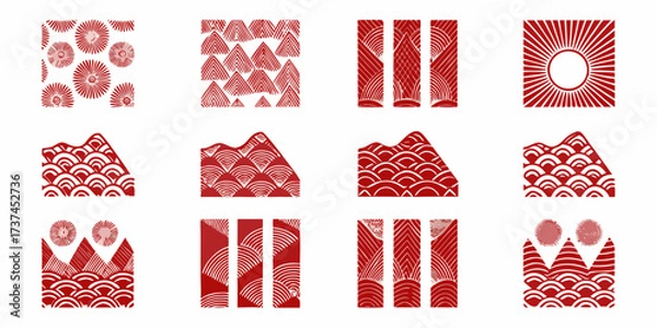 Fototapeta Collection of red and white japanese inspired geometric patterns and motifs