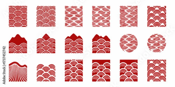 Fototapeta Collection of japanese seigaiha wave pattern designs in red and white