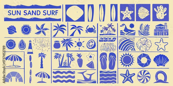 Fototapeta Collection of blue summer beach and tropical icons on a cream background with sun sand surf text