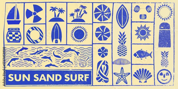 Fototapeta Collection of blue summer beach icons and symbols on a yellow background with text