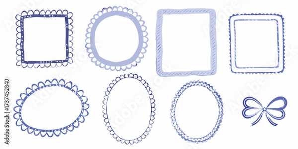 Fototapeta Collection of hand drawn blue decorative frames and a bow on a white background