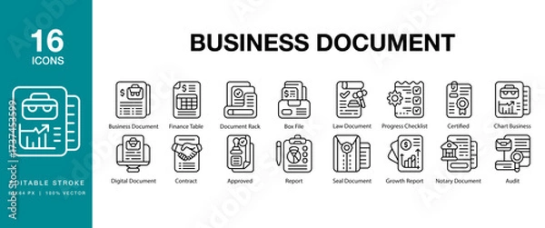 Fototapeta Business Document icon set. Includes document, business, office, paperwork, finance and More. Editable Stroke Icon Collection.