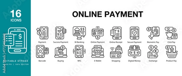 Fototapeta Online Payment icon set. Includes online, payment, banking, mobile, internet and More. Editable Stroke Icon Collection.