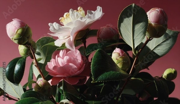 Fototapeta Close-up of camellia blooms in various stages of development against a pink backdrop