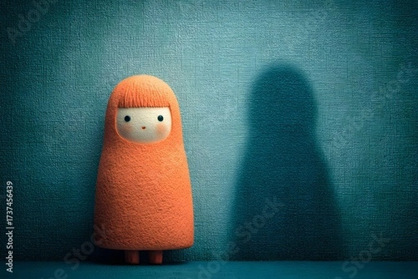 Fototapeta Cute Felt Doll with Orange Hair and Simple Face Standing on Blue Wall