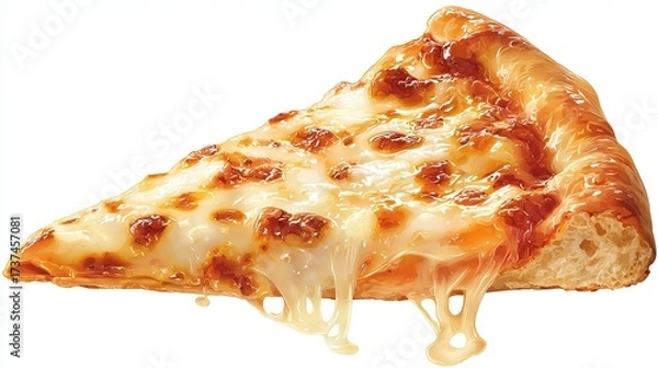 Fototapeta Pizza slice with melted cheese, golden crust on plain background