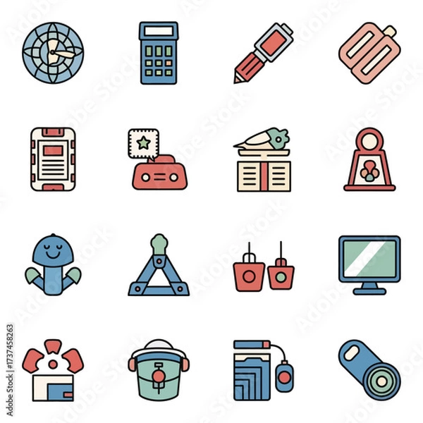 Fototapeta Vibrant, modern icons represent tools, technology, and playful objects for diverse creative projects and digital design needs
