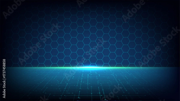 Fototapeta technology digital futuristic virtual network data cyberspace glowing horizon hexagonal grid immersive hightech background modern cyber landscape architecture and innovation concept