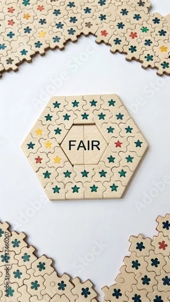 Fototapeta Colorful Puzzle Piece with Fair Theme Surrounded by Hexagonal Pieces