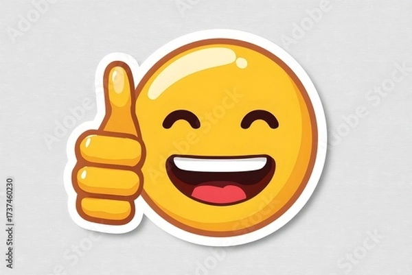 Fototapeta Happy Smiling Emoji Face Showing Thumbs Up Gesture in Bright Yellow Color