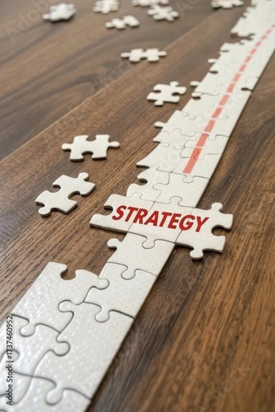 Fototapeta Puzzle Pieces on Wooden Surface with Strategy Concept Visualization
