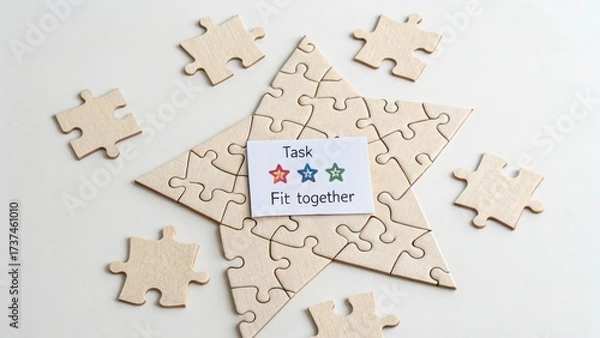 Fototapeta Wooden Puzzle with Task Card for Learning and Team Activities