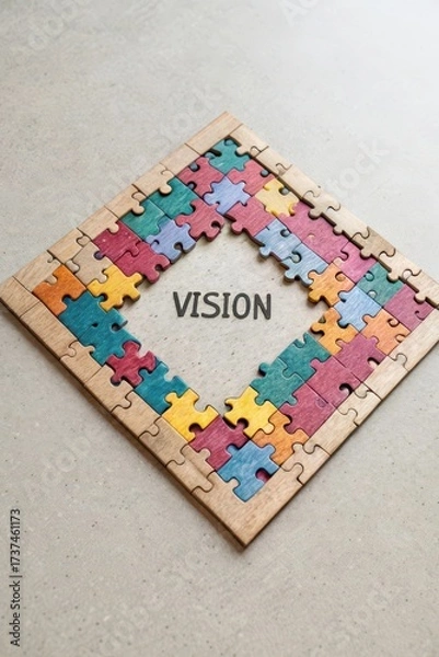 Fototapeta Colorful Puzzle Pieces Framing The Word Vision On A Surface