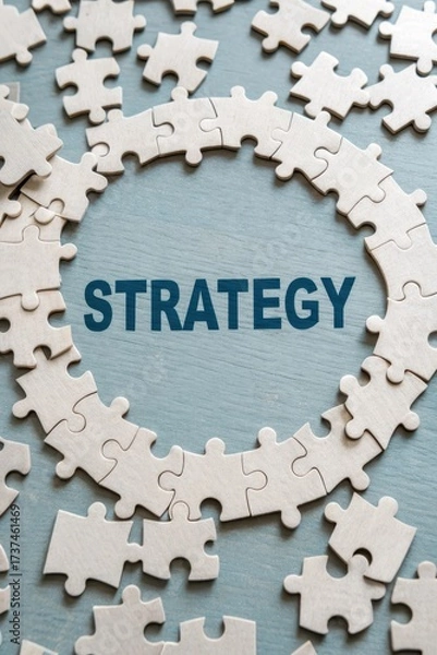 Fototapeta Puzzle Pieces Forming Circle with Strategy Words in Center