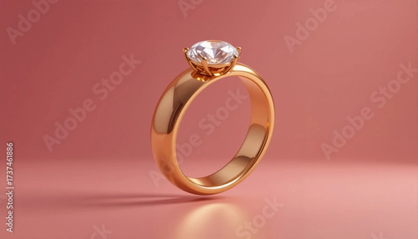Fototapeta Golden ring showing big brilliant diamond on pink background with copy space. 