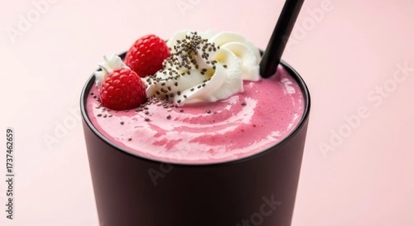 Fototapeta Close-up of a vibrant pink raspberry smoothie with whipped cream, chia seeds, and fresh berries.