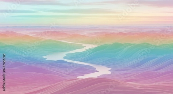 Fototapeta Dreamy pastel landscape with winding river and rolling hills in soft gradient colors.