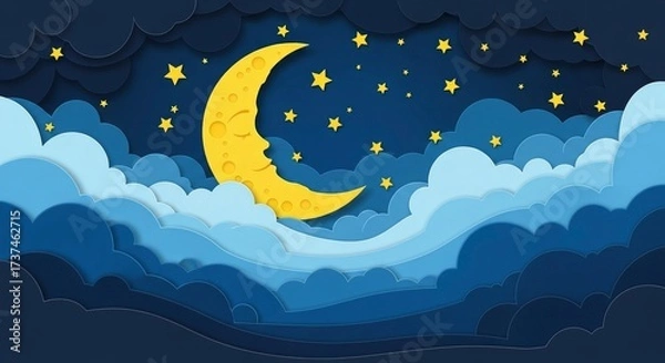 Fototapeta Whimsical paper-cut night sky with a sleeping crescent moon, twinkling stars, and layered blue cl...