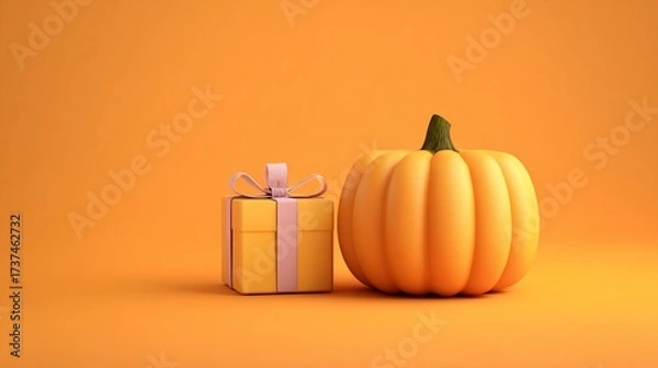 Fototapeta Pumpkin and Gift beside each other, on orange background, for Thanksgiving, promotion
